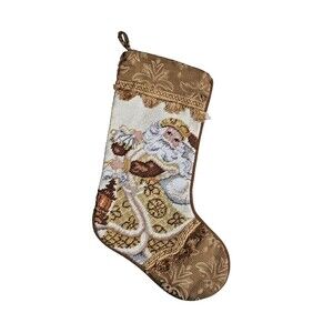 Vintage Needlepoint Christmas Stocking Santa Gold Camel Brocade Tassels Dillards